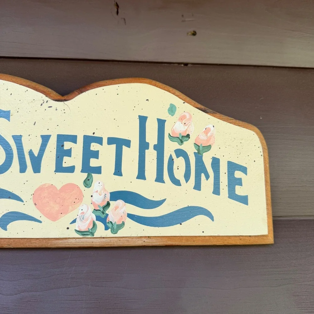 Hand Painted Wood Home Sweet Home Wall Sign Blue Pink Cream Rustic Folk Art
